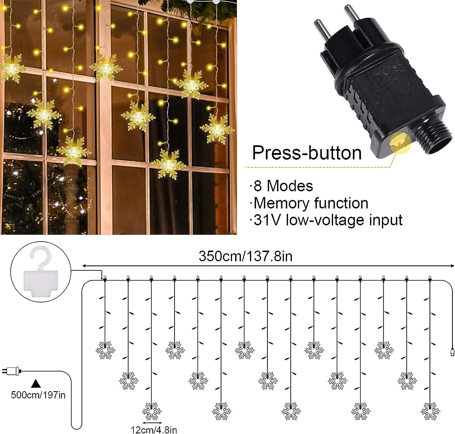 94 LED Lichterkette Schneeflocken, Lichtervorhang Weihnachten Innen 8 Modi und Timer Weihnachtsbeleuchtung Außen IP44 Weihnachtsdeko für Fenster,Hochzeit,Balkon,Schlafzimmer (Packung mit 2)