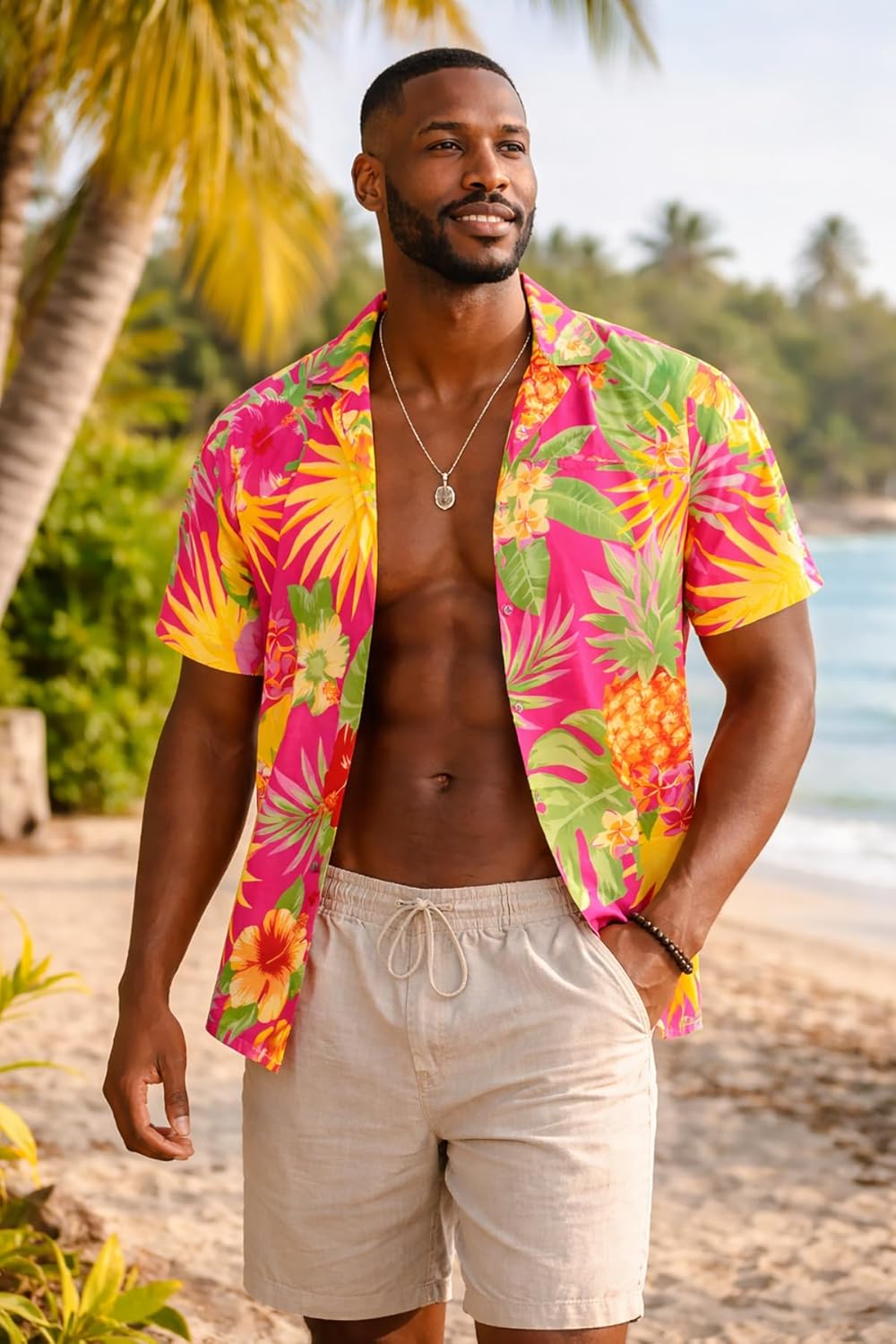 KING KAMEHA Men’s Hawaiian Shirt Short Sleeve – Aloha Summer Shirt with Pineapple Print, Lightweight, Easy Care - Image 3