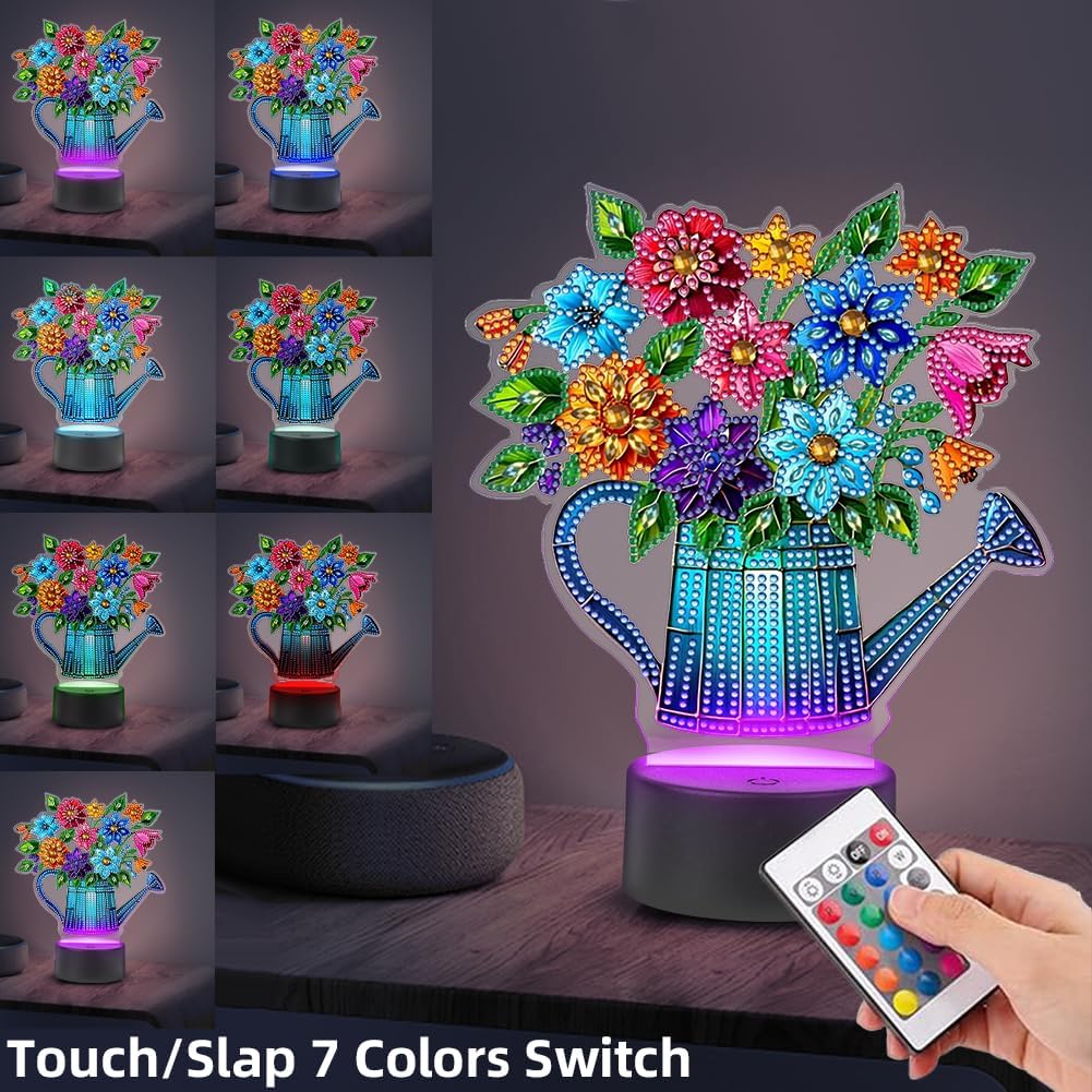 Diamond Painting Night Light, Diamond Art Kits for Adults, LED Diamond Painting Night Lamp Kit for Beginner Home Decor (Watering Bucket Flowers)