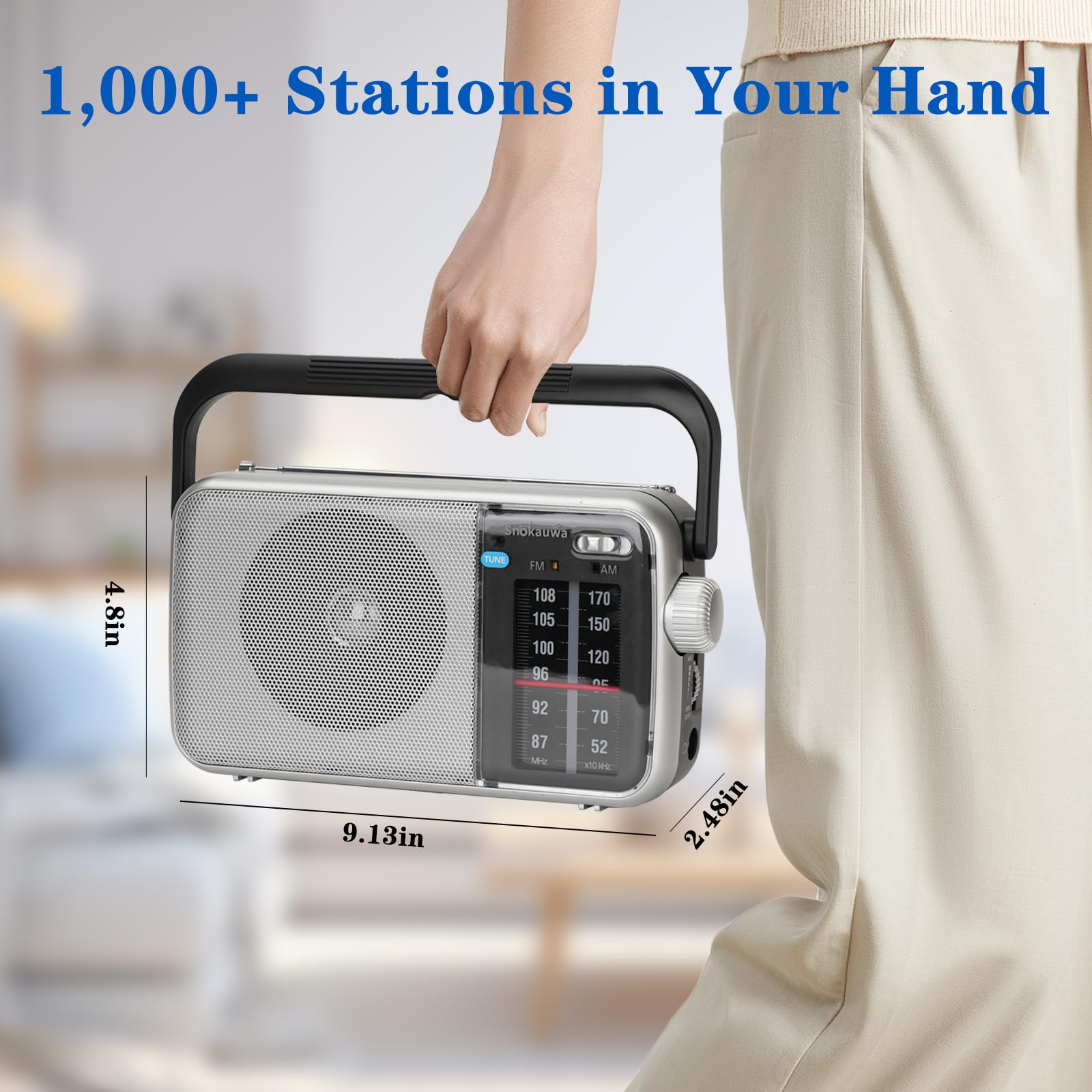 Radio portátil AM FM, sintonizador digital, altavoz más fuerte, batería o radio alimentada por USB para regalo en el hogar al aire libre (negro)