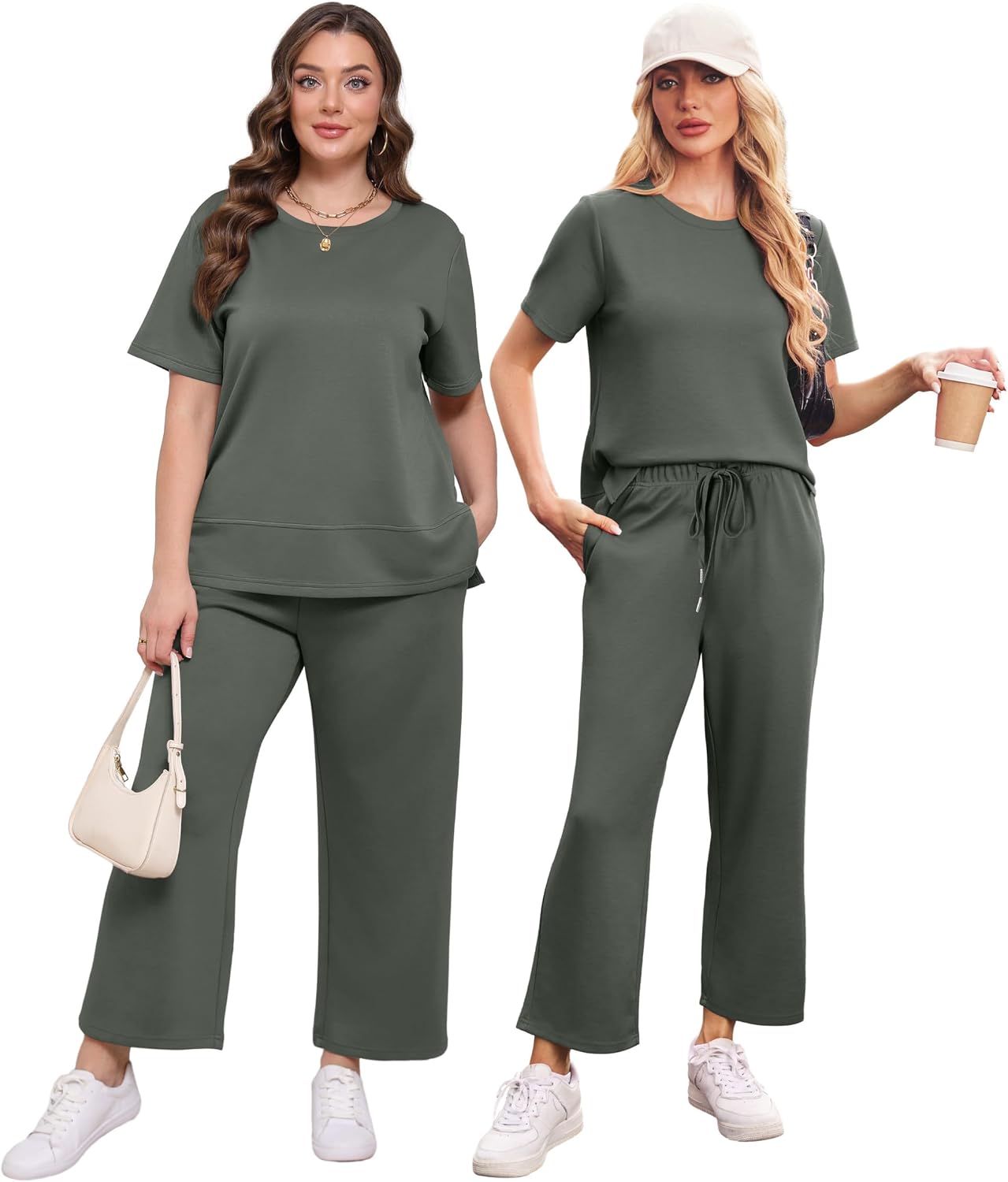  Women's 2 Piece Outfits Summer Lounge Sets Side Slit Loungewear | Short Sleeve Top Matching Wide Leg Capri Pants thumbnail