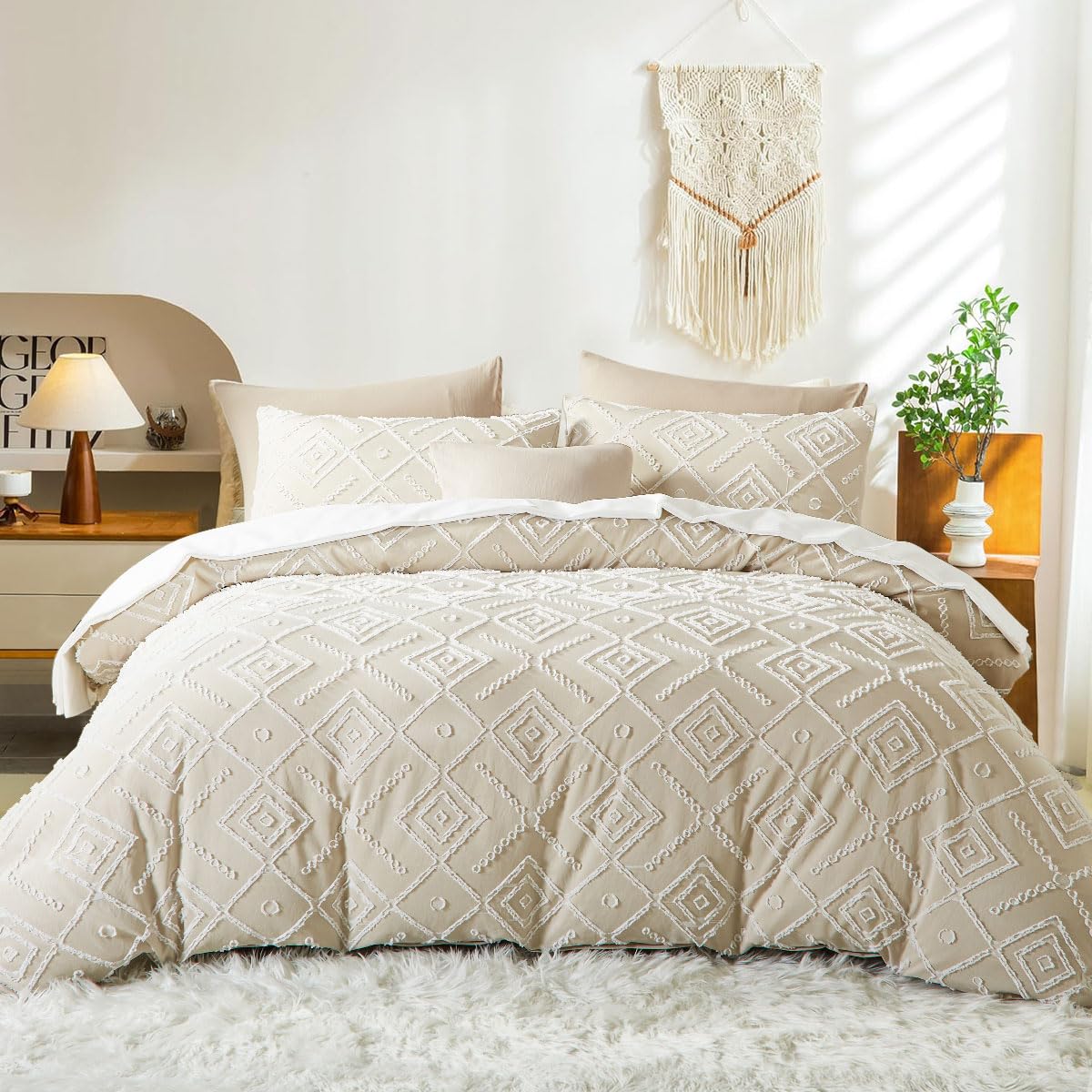 Lanqinglv Duvet Cover Set Double Beige Tufted Boho Bedding Duvet Covers 3 Pieces,Embroidery Shabby Chic Geo Duvet Cover with Zipper Closure and 2 Pillowcases 50x75cm - Image 2