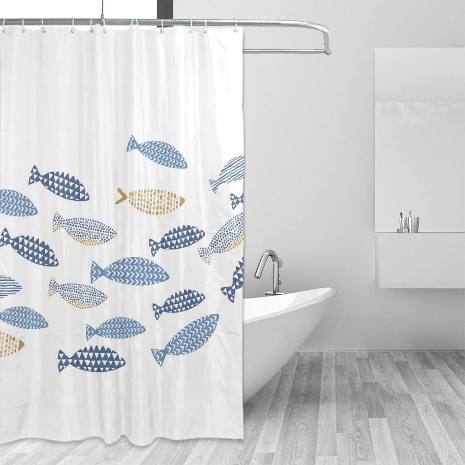 Abstract Swiming Fish Fabric Shower Curtain,Funny Cartoon Ocean Theme Wildlife Fish Geometric Design Hotel Quality,Machine Washable,72L x72W for Bathroom.