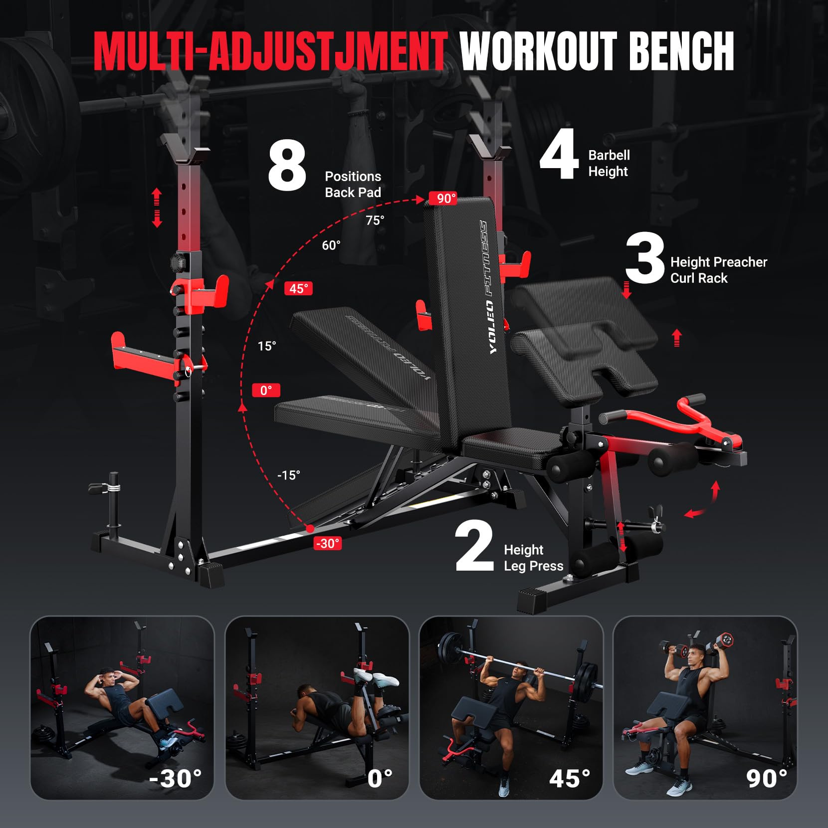 Multifunzione Palestra Casa con Rack Palestra, Panca Piana Bilanciere, Panca Addominali con leg extension leg curl - arm curl - porta