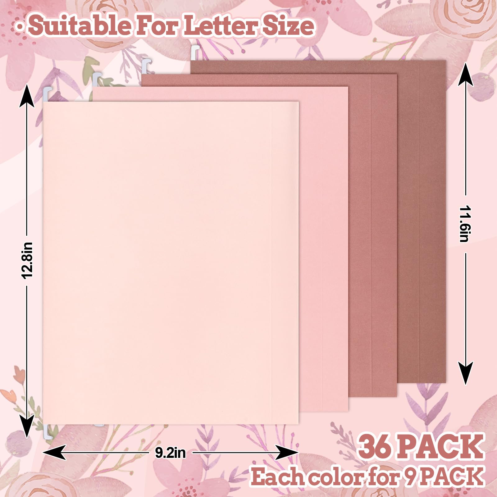 Whaline Hängemappen, Briefgröße, 4 Farben, Rosa, mit Register, für Zuhause, Büro, Klassenzimmer, 23,6 x 31,8 cm, 36 Stück