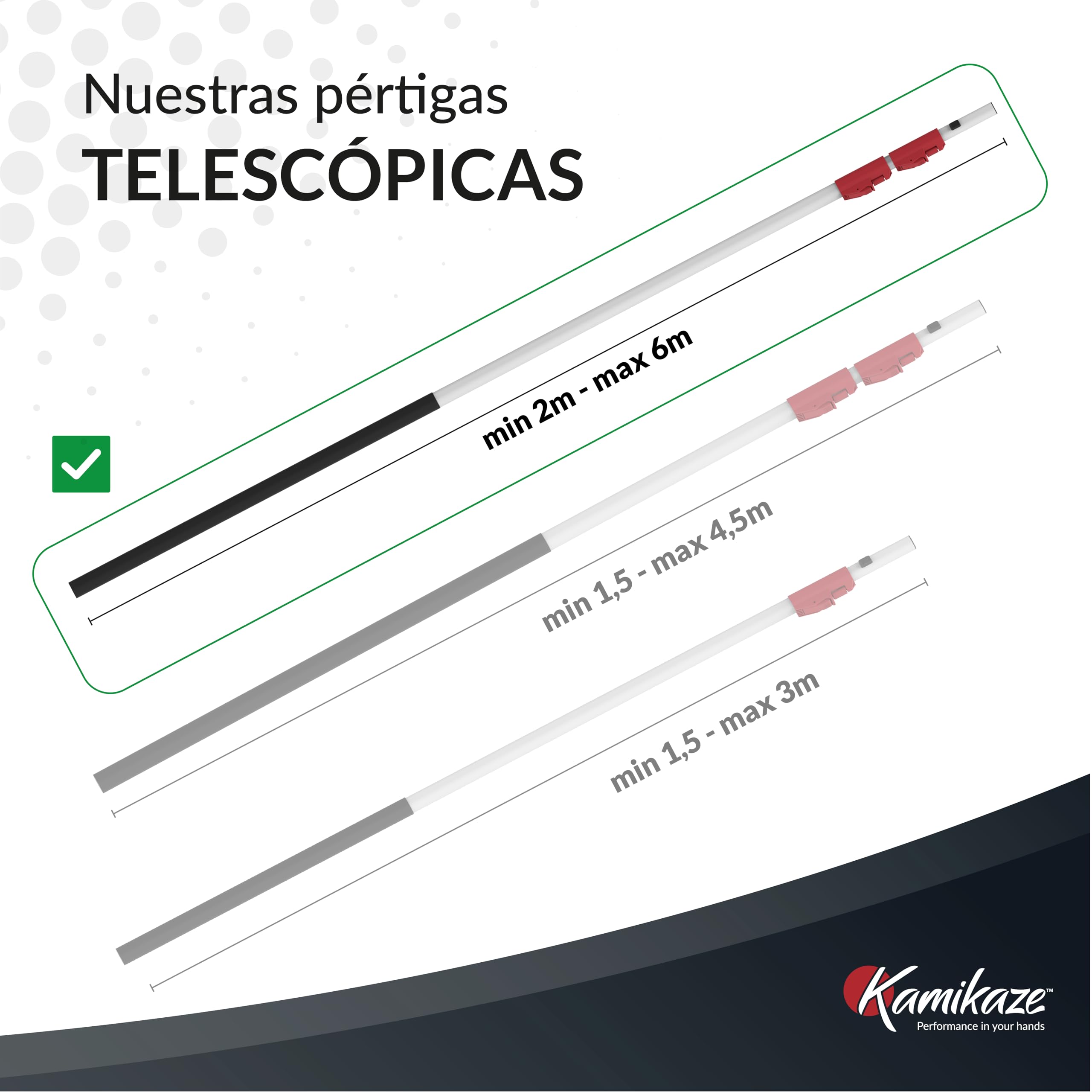 Kamikaze Kit de poda en altura 3 en 1 con pértiga telescópica 6m (3 tramos de 2m), tijera bypass MT-63 y serrucho MT-330 intercambiables, cabezal giratorio 200º, corte ramas hasta 80mm, hoja SK5