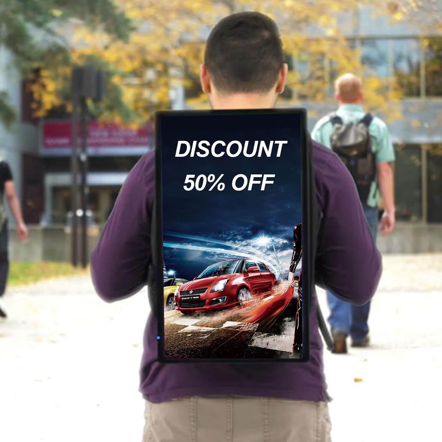 21.5" lcd advertising backpack, touchscreen, 1000nits brightness digital backpack display, human walking billboard sending program with u-disk/phone app, and cms input auto ads player, android os