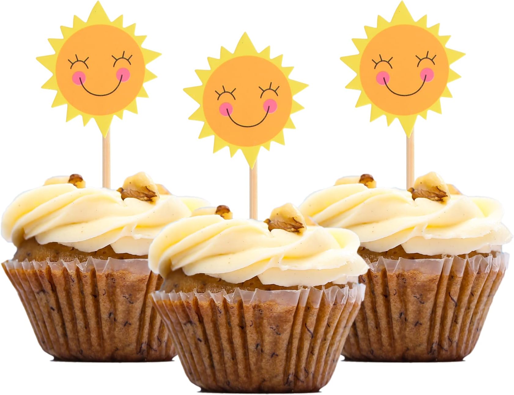 Sun Cupcake Toppers, 24Pcs Sun Flower Smiley Sunshine Sun Cake Food Fruit Picks for Birthday Wedding Decoration