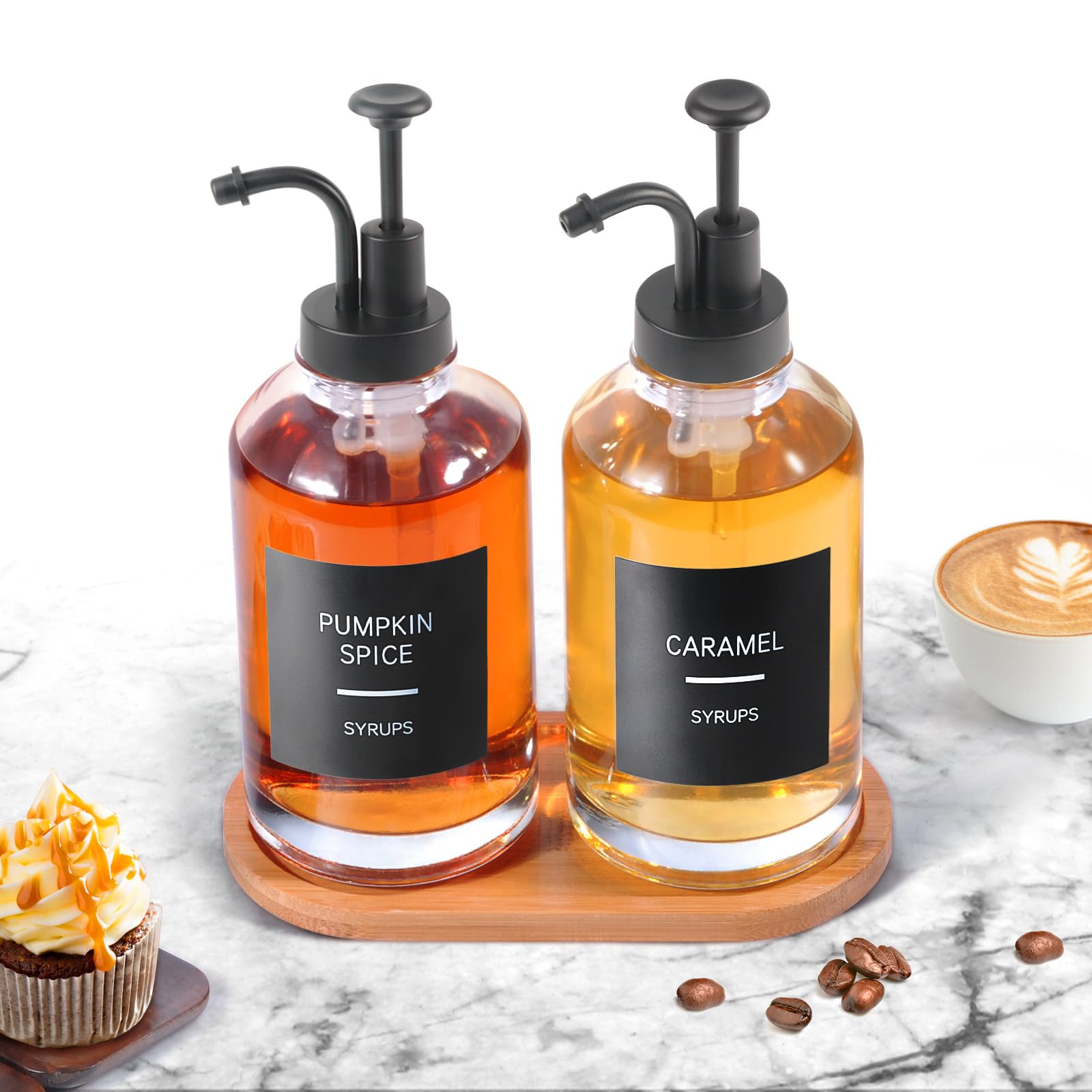 Kaffeesirupspender für Kaffeebar, 2 Stück, einfache Glas-Sirupflasche mit Pumpe und Etiketten, 500 ml Sirup-Pumpspender, Sirupspender, Schwarz