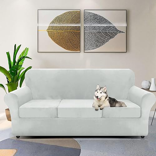 Miniatura 2 de ZNSAYOTX Funda de terciopelo de lujo para sofá de 4 piezas (72-92 pulgadas), funda elástica para sofá de 3 cojines, funda gruesa y suave con correa