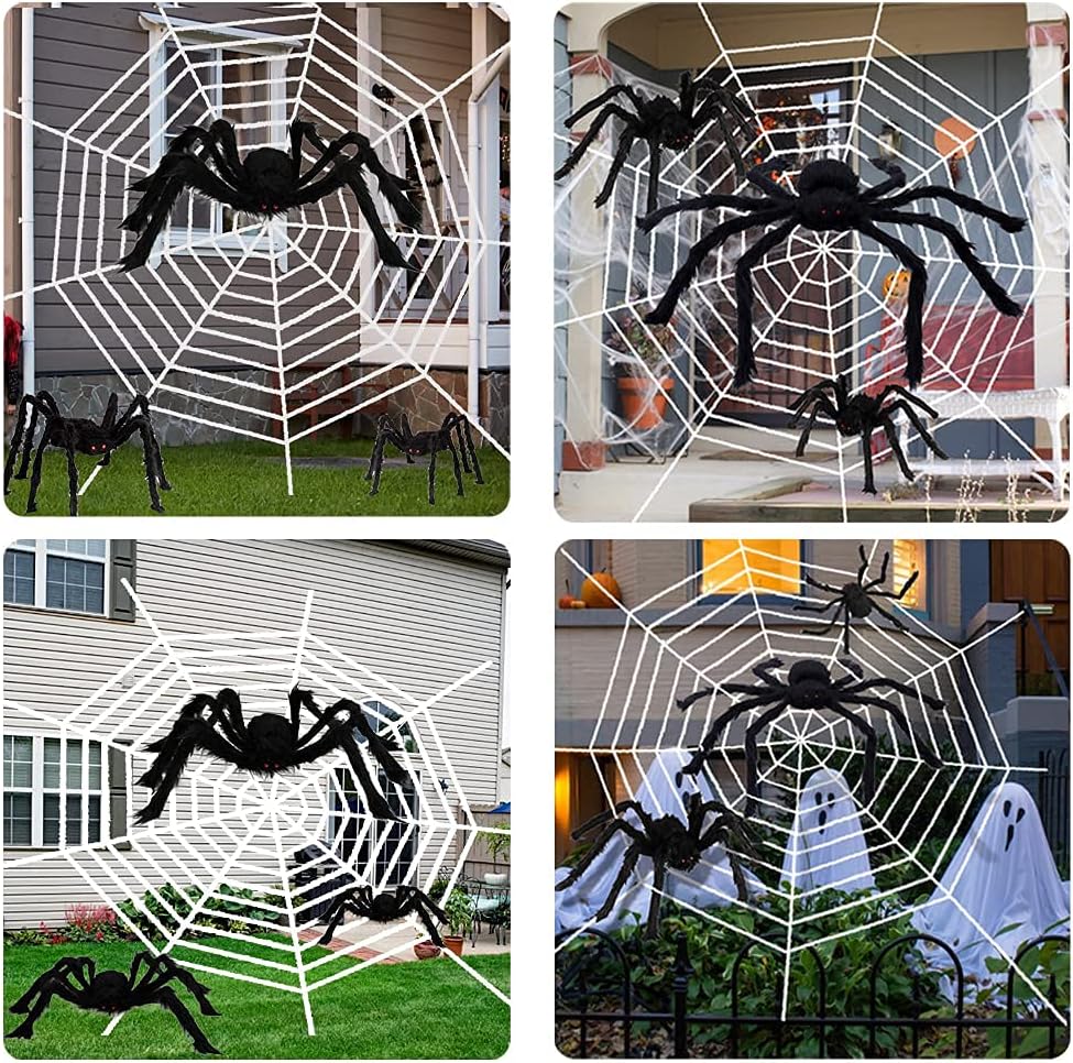 DIYDEC 3Pack Halloween Hairy Spider Set,Realistic Giant Scary Spider Props Decoration with Spider Web for Indoor and Outdoor Decoration (50”,35”, 30”)
