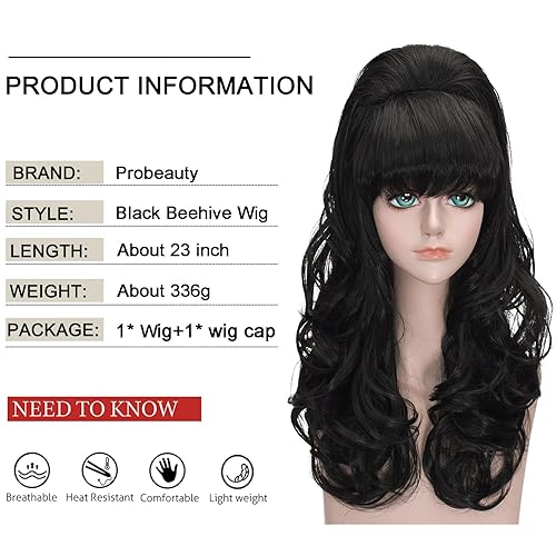 Miniatura 3 de Probeauty Pelucas de colmena de onda larga, color negro, rizado, ondulado, retro, para mujer, disfraz de los años 70 y 80, 23 pulgadas