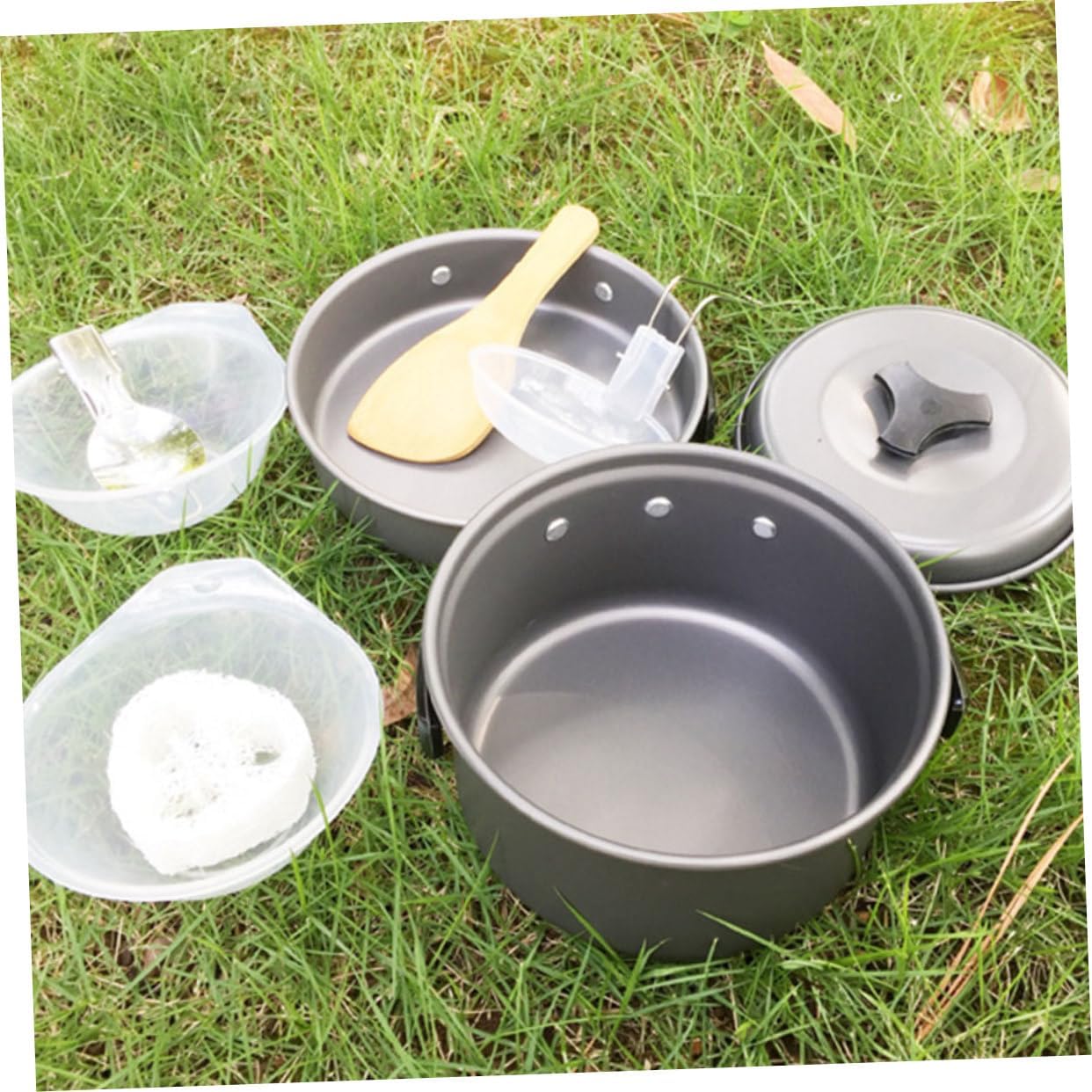 Mikinona Person Camping Cookware Portable Pot Pan Cutlery Silverware for Outdoor BBQ