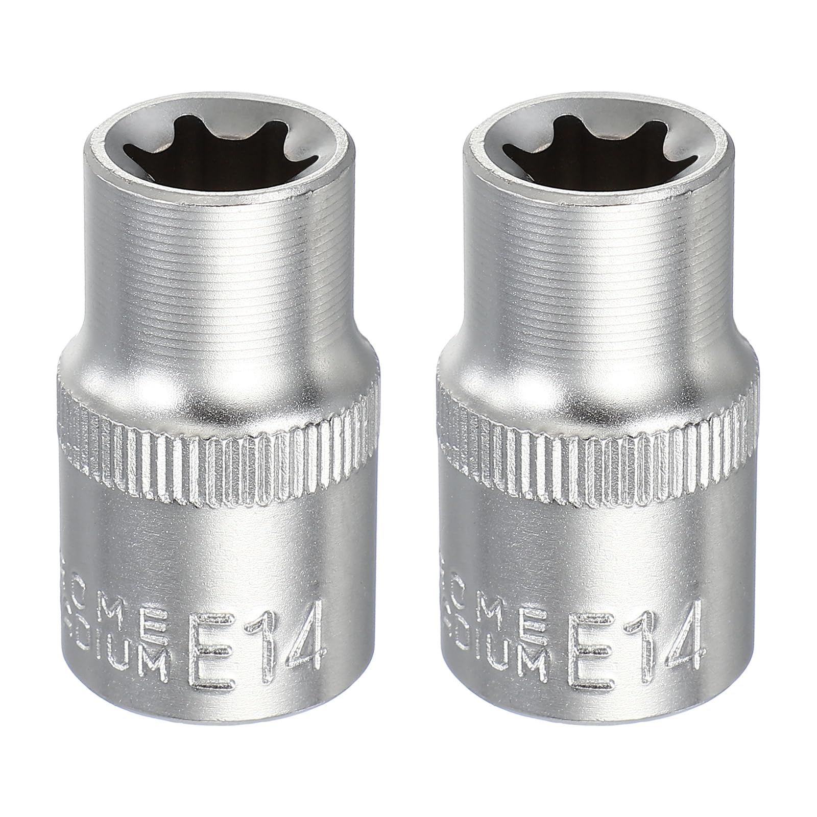 sourcing map 2pcs E-Torx Socket 1/2" Drive E14 Star Metric Socket 1.5" Length External Torx Shallow Sleeve 35K Alloy Steel Chrome 6 Point Spline Sleeve for Auto Repairs