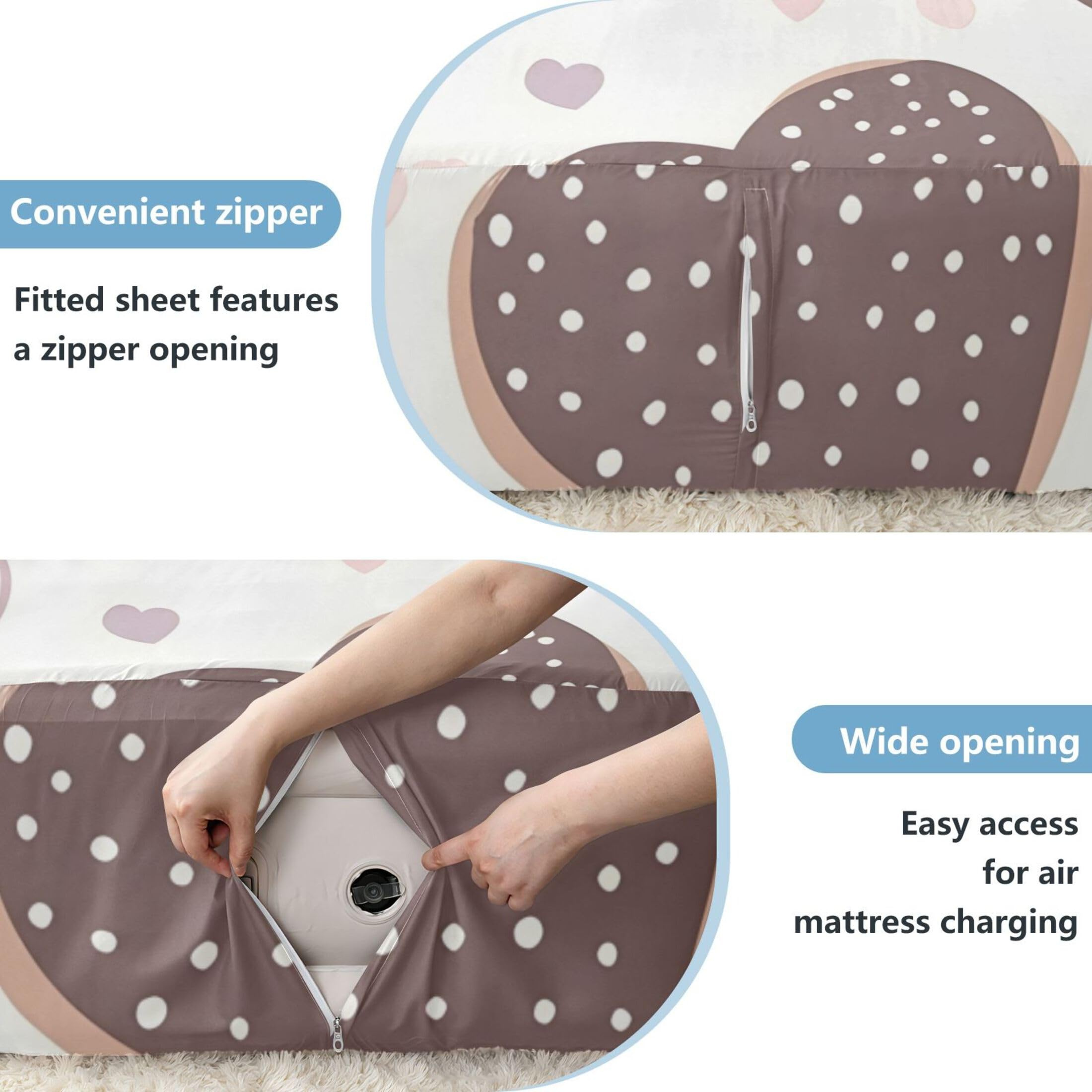 Sábana bajera ajustable individual con diseño de rosquillas de corazón, bolsillo extra profundo de 24 pulgadas, funda suave y transpirable con apertura de válvula de cremallera para cama de