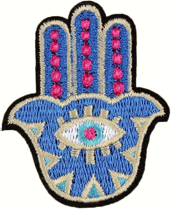 Lumanuby 2 x Mysterious Blue Fatima Hand Embroidery Appliqué Patch Clothing Sew-On Embroidery by Indian Hamsa Hand for T-Shirt/Jeans/Shoulder Bag, Sew-On Series Size 4.8 x 5.7 cm