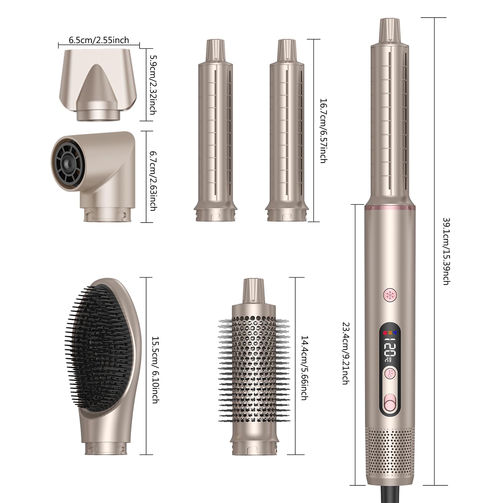 JINYAWA Cepillo Secador de Pelo 6 en 1 - Moldeador Pro con Tecnología Iónica/Temperatura Constante/Digital, 4 Niveles de Calor + Botón Frío, 110,000 RPM, Ergonómico y Liviano - Mango Extra Delgado