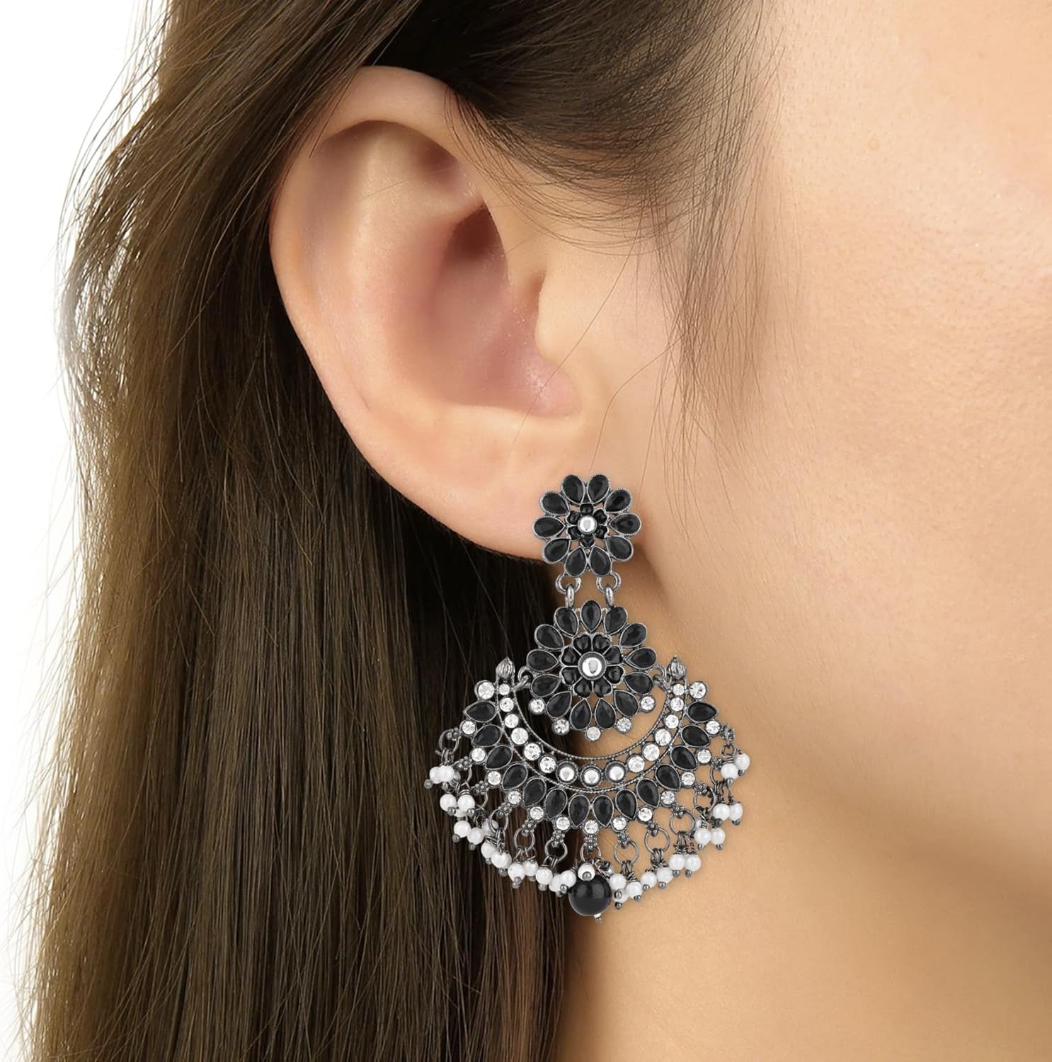 I Jewels Silver Oxidized Indian Wedding Bollywood Stylish Traditional Kundan Pearl Chandbali Earrings For Women (E2948ZB)