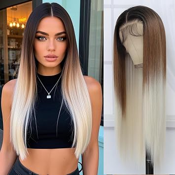 13x6 الاصطناعية الدانتيل الجبهة شعر مستعار - Glueless على استعداد لارتداء 26 "الشعر المستعار شقراء للنساء السود، قبل التقطت شعر الطفل مقاومة للحرارة أومبير براون شقراء شعر مستعار للحزب اليومي