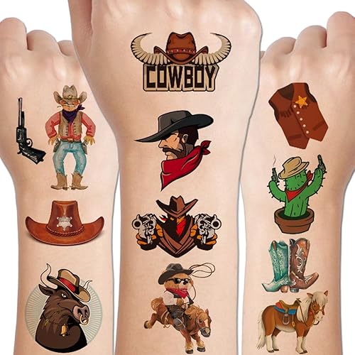 Tatuajes temporales de vaquero para niños, 100 tatuajes temporales de vaquero occidental para niños, regalos de fiesta de cumpleaños, rellenos de