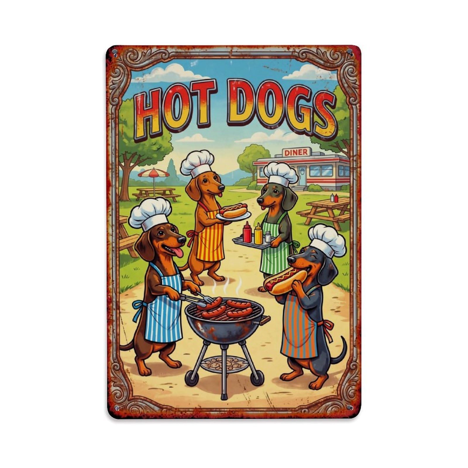 Nestemfo Vintage Hot Dogs Chef Dachshunds Grill Scene Tin Sign Metal Sign, Living Room,Bar, Home, Bedroom Wall Decor,Retro Metal Poster 8X12 Inches