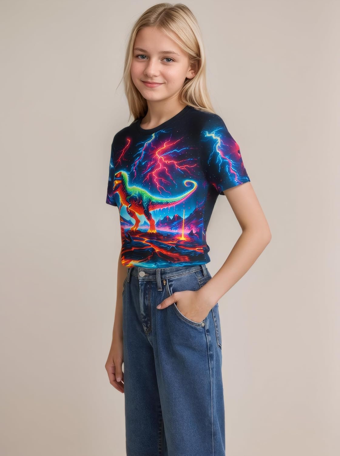 Dinosaur Neon Shirts for Boys Girls 3-14 Years, 3D Party Crew Neck Short Sleeve T-Shirts for Kids Graphic Tees - Image 2