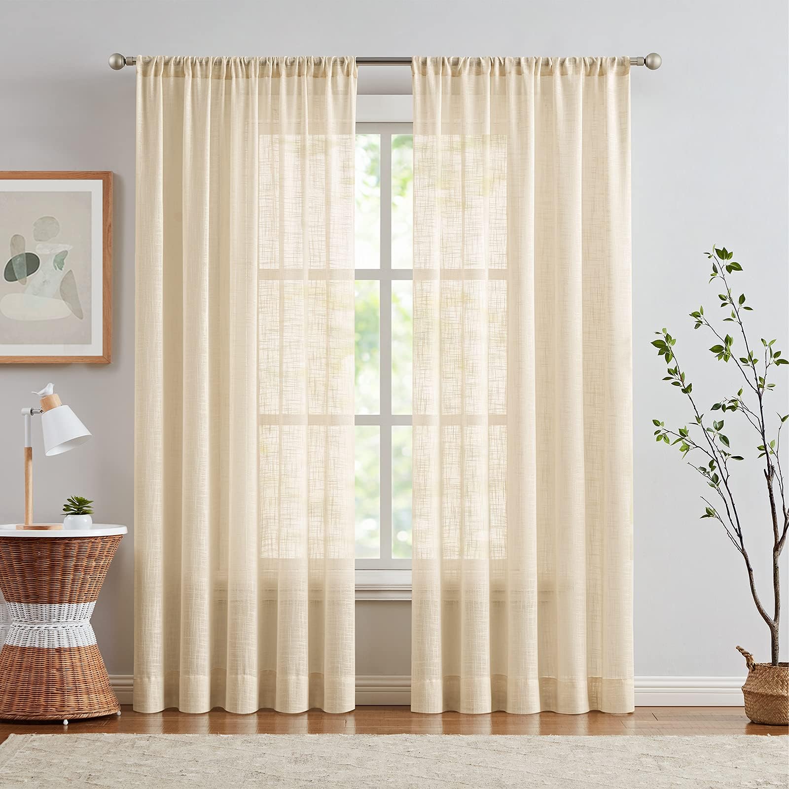 Taupe Open Weave Sheer Curtains 84 Inches Crosshatch Linen Textured Curtain Panels for Living Room Rod Pocket Heavy Weight Drapes,1 Pair
