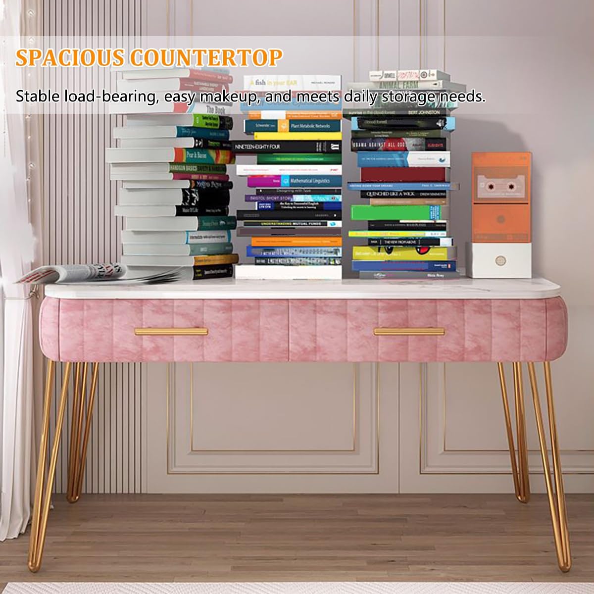 Elegante postazione per trucco compatta con contenitore, elegante tavolo da toeletta europeo con gambe in ferro per camera da letto, beige, 100 x 75 cm Coiffeuse di lusso.