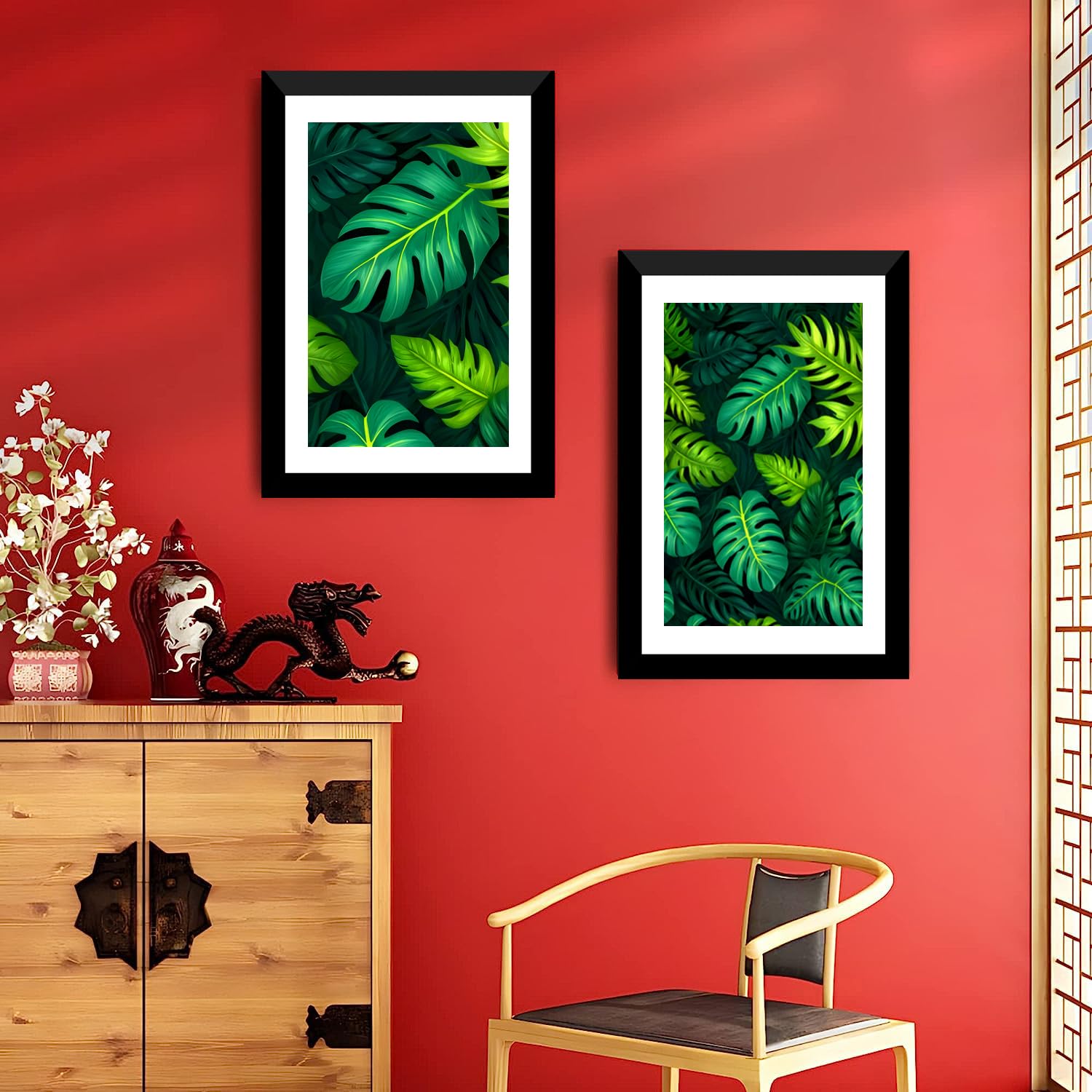 CROWN Tropical Monstera Leaves Painting with Frame and Acrylic Glass, Painting for Wall Office and Home Decor Synthetic Wood, Multicolour (12 x 18 inch) Set of 2-image-30