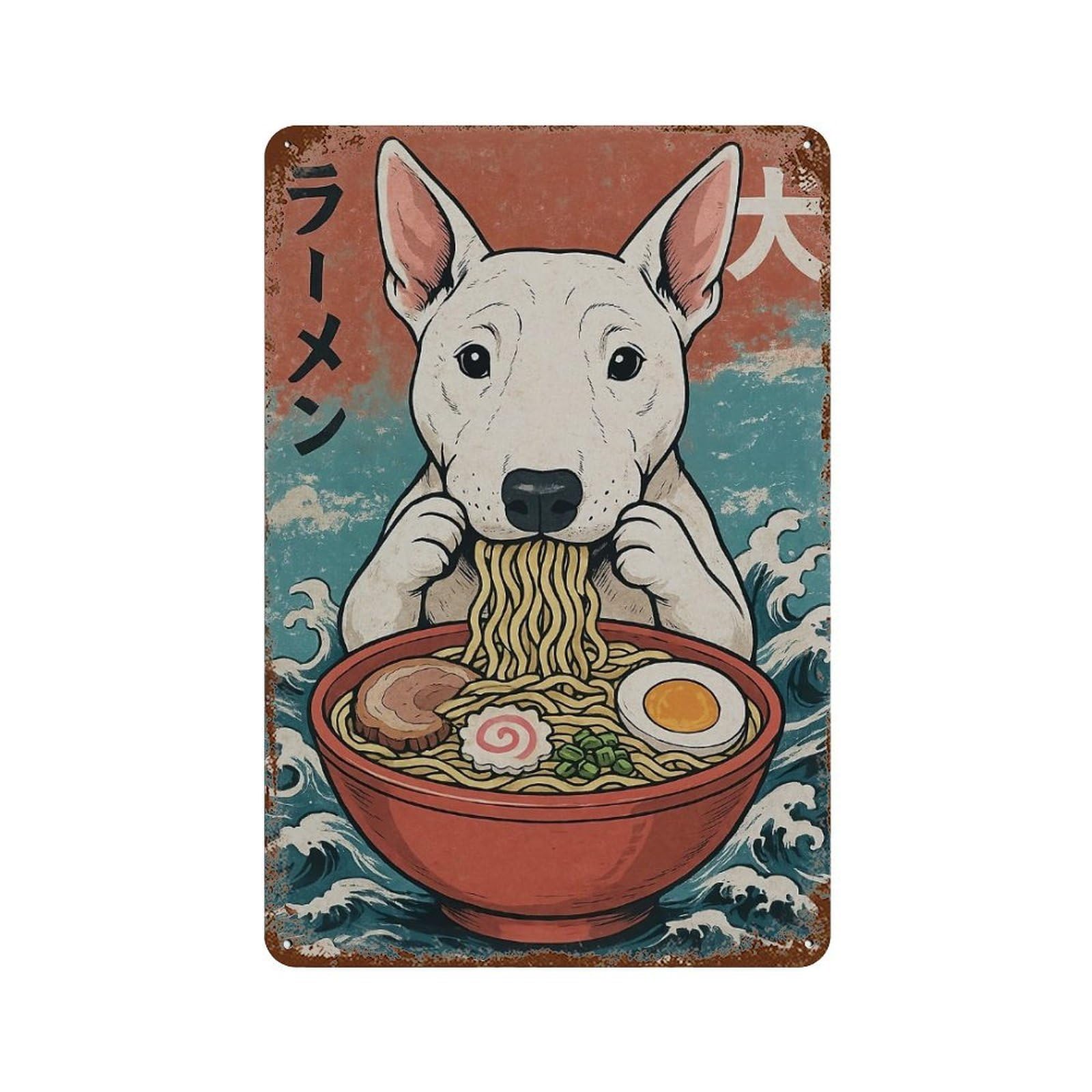 Garage Style English Bull Terrier Eating Ramen Aged Metal Wall Plaque 11.8"x7.9", Novelty Wall Decor for Bar And Workshop