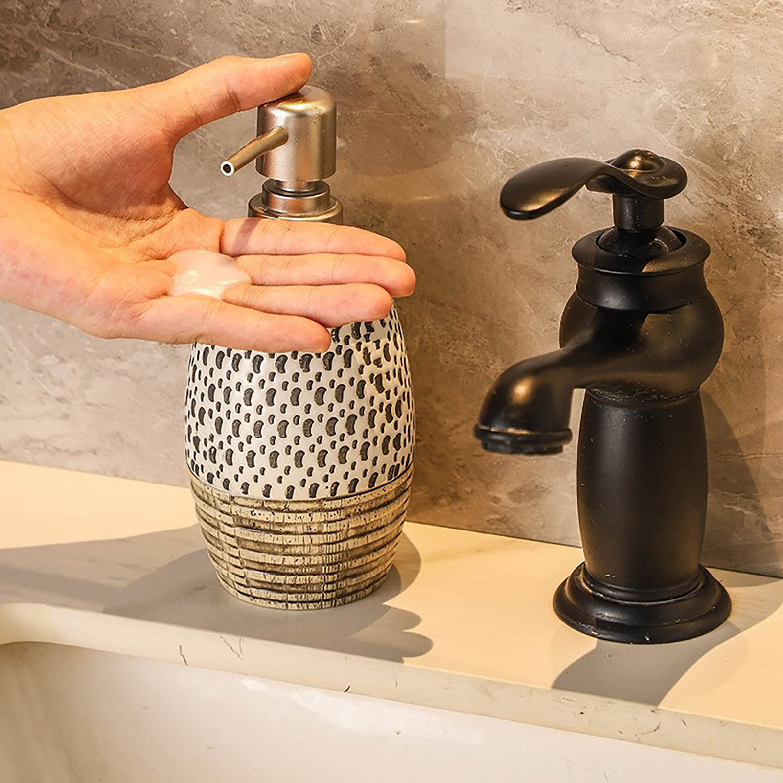 Juegos de Accesorios de baño, Antiguo Acesorios Cuartos de Baño 5 Piezas con Dispensador Jabon Baño, Jabonera Baño, Porta Cepillo de Dientes, Bandeja, para Champú Cerámica Marrón
