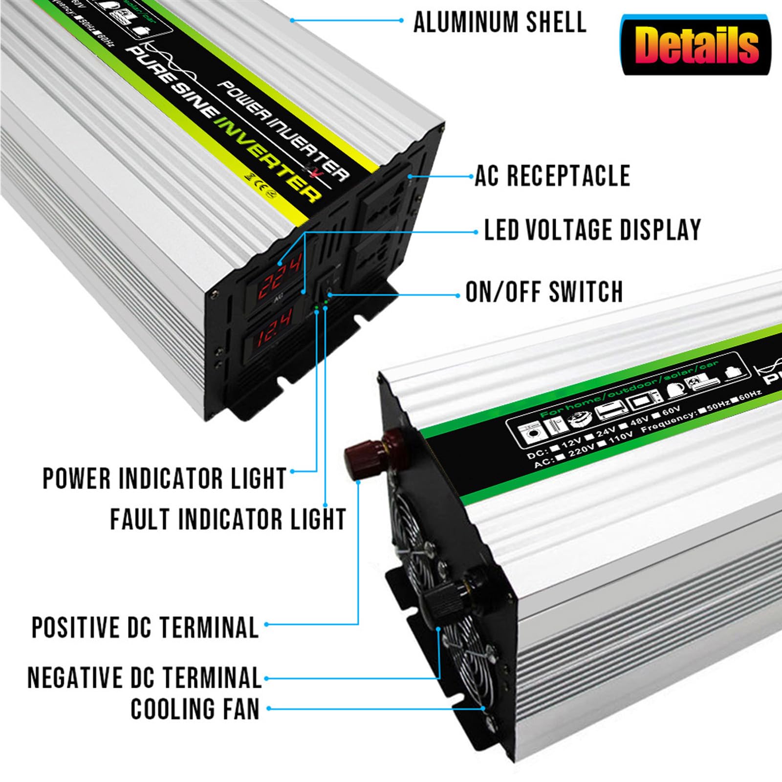 Falownik 3000W Przetwornice Samochodowe Do Pojazdów Ciężarówka Z Portem ładowania USB,Przetwornica 12V/24V/48V/60V Na 220V Przetwornica Z Gniazdami Prądu Przemiennego Inwerter(Size:60V)