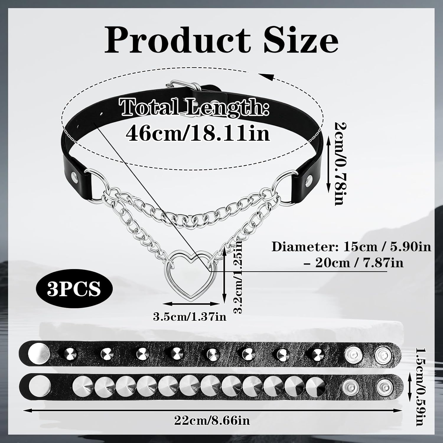 3Pcs Leather Choker Necklace for Women Heart Chain Choker Necklace Studded Bracelet Punk Gothic Emo Accessories for Halloween Outfits Cosplay - Image 2