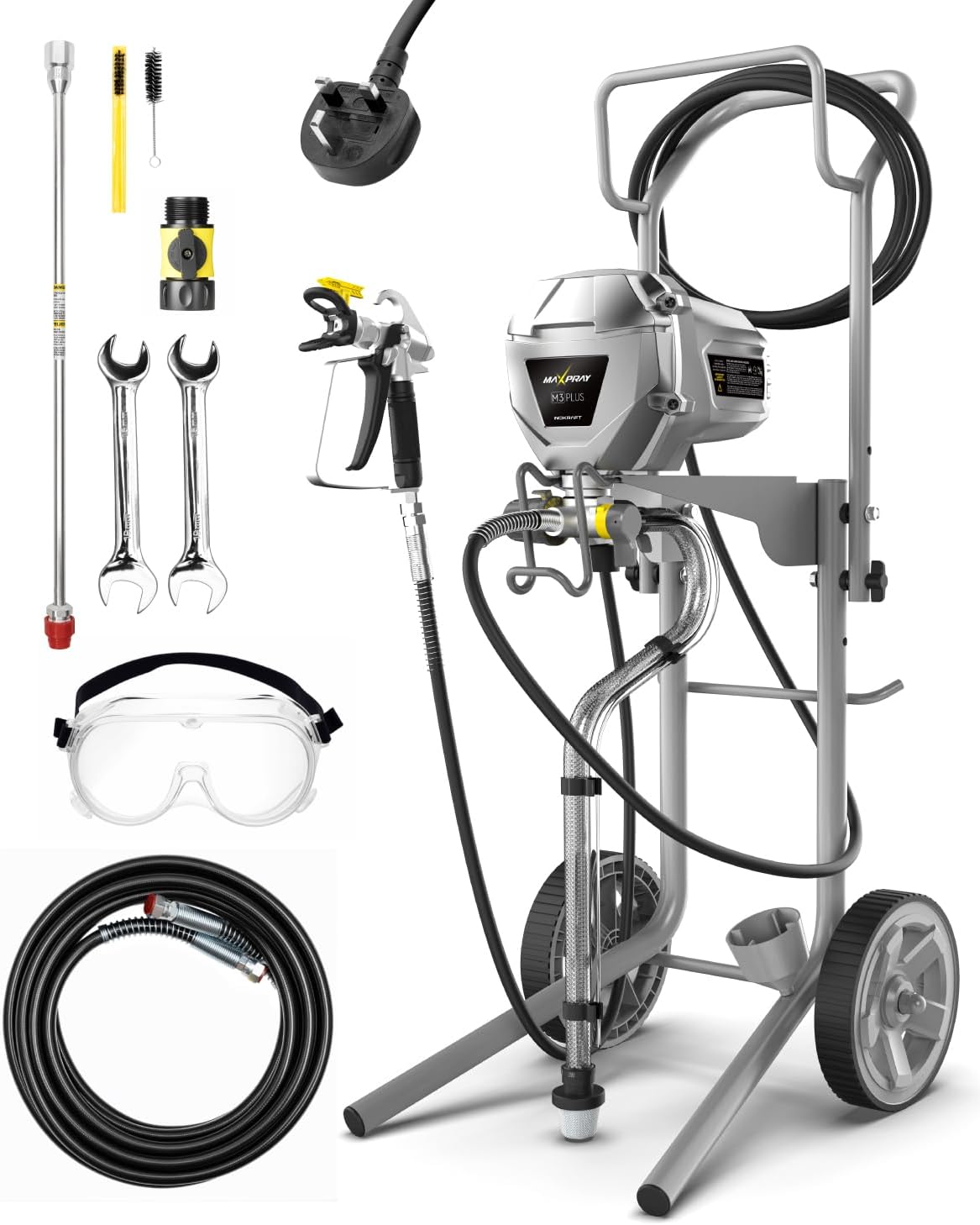 MaXpray M3 Cart Airless Paint Sprayer, 227 Bar Max Pressure, Covers up to 9 m²/min, 551W Motor, Thinning-Free Paint Sprayer for Walls and Ceilings, 15 m Hose, Tip Extension & Accessories