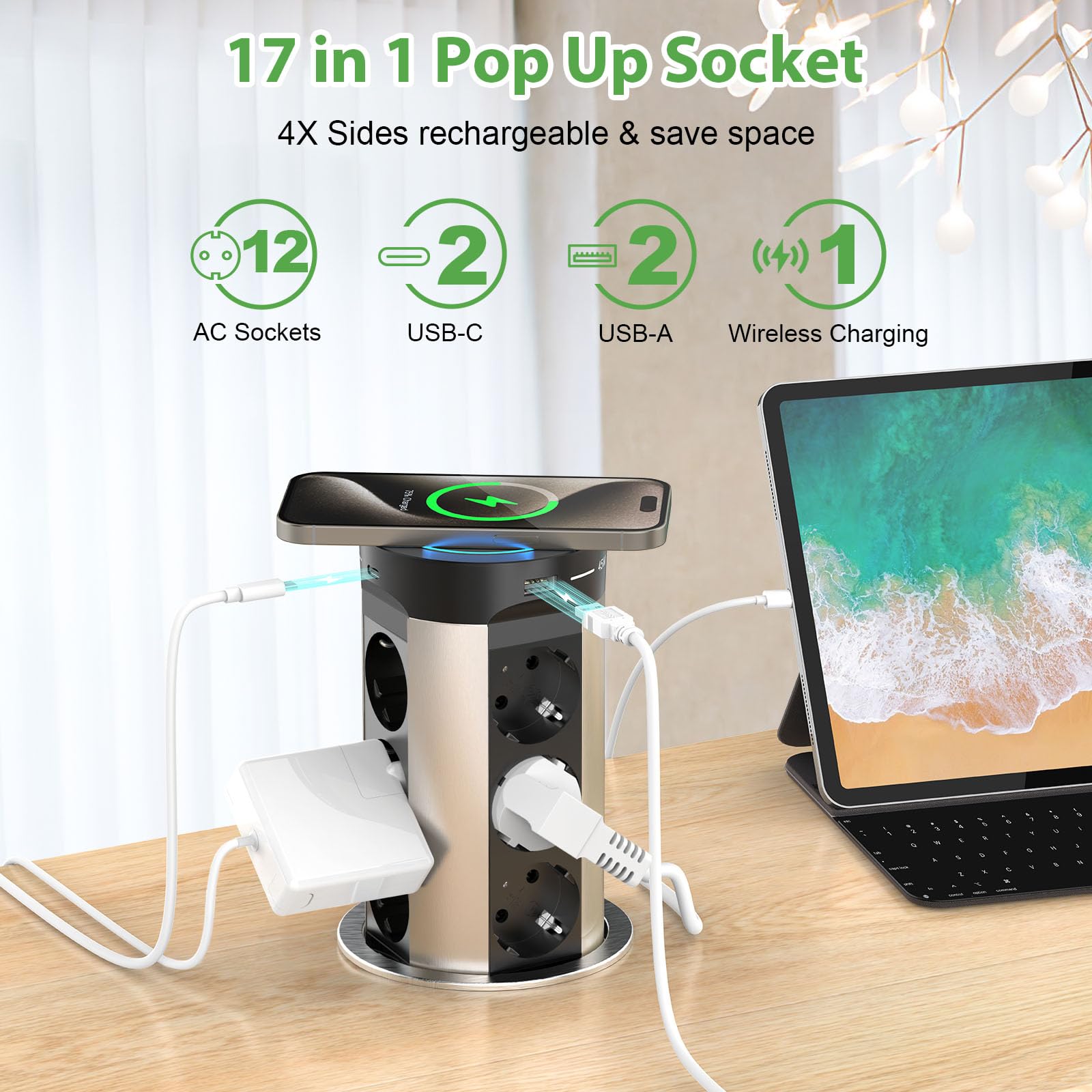 Versenkbare Tischsteckdose mit USB C PD75W, 12 Fach Einbausteckdose Versenkbar mit 15W Kabelloses Laden, Tisch Steckdosenleiste für Arbeitsplatte Küche, 2M Kabel, D 100MM