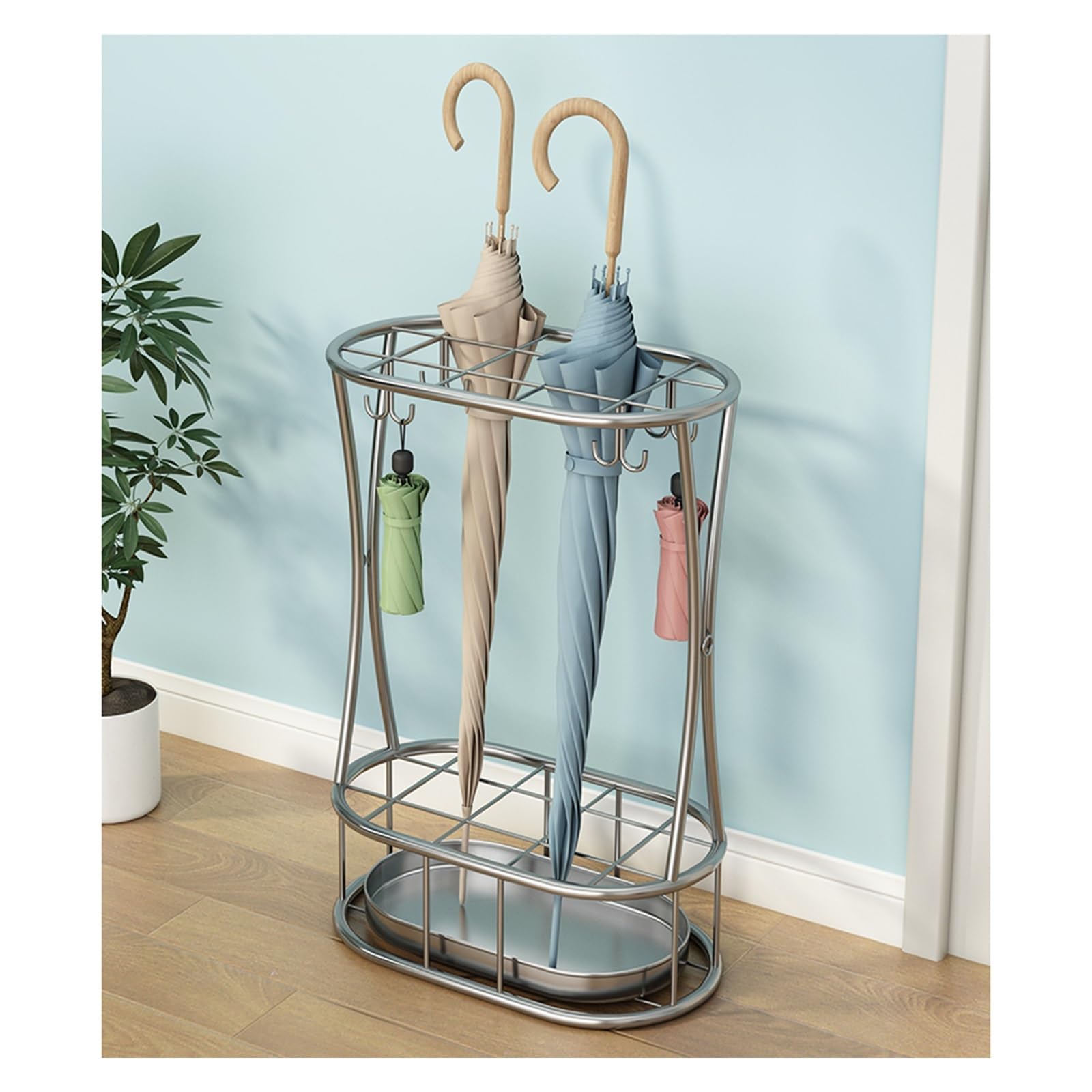 GYRAZXS Umbrella Stand with Hooks - Floor-Standing Storage Organizer for Entryway, Home, Office - Includes Drain Tray