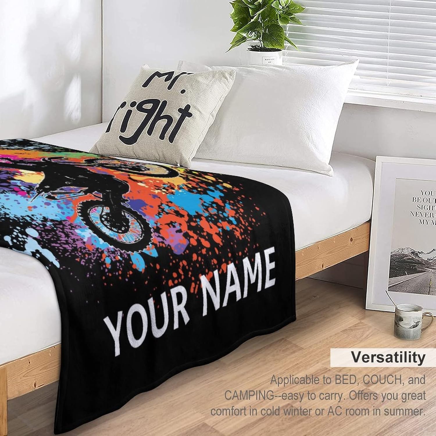 Personalized Motorcycle Gifts for Men, 50 x 60 Inches Motorbike Blanket for Motorcycle Lovers, Funny Black Cozy Warm Throw Flannel Blanket for Sofa Bed