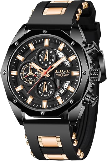 LIGE Wrist Mens Watches Analogue Gents Chronograph Men's Vintage Waterproof Watch for Men Analog Dress Work Casual Unique Quartz 3ATM Water Resistant Silicone Luminous Date Daily