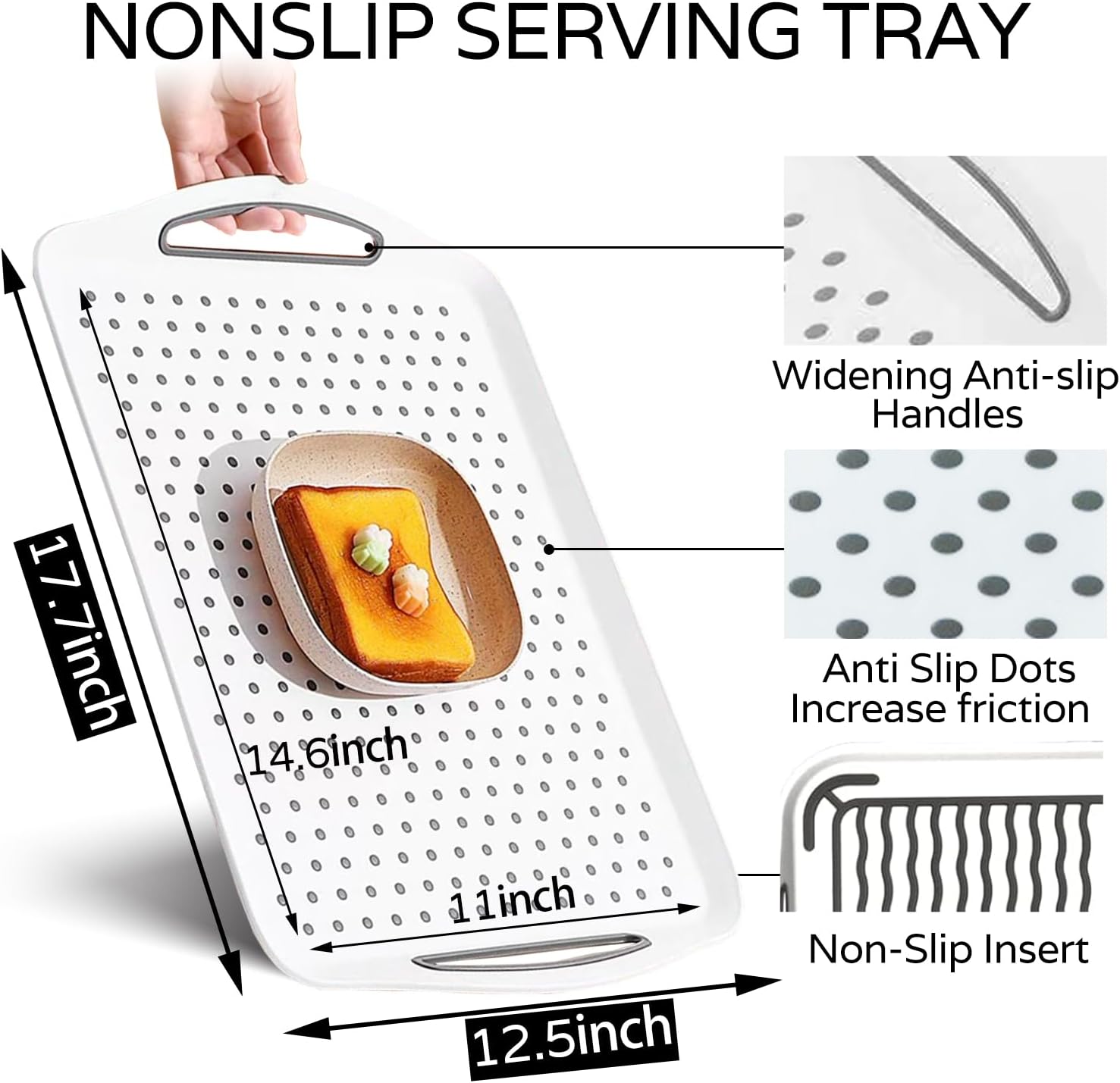 2PCS Large Non Slip Serving Tray with Handles Food Trays for Eating on Couch TV Lap Tray with Silicone Grippy Dots for Breakfast Dinner, Set of 2, White