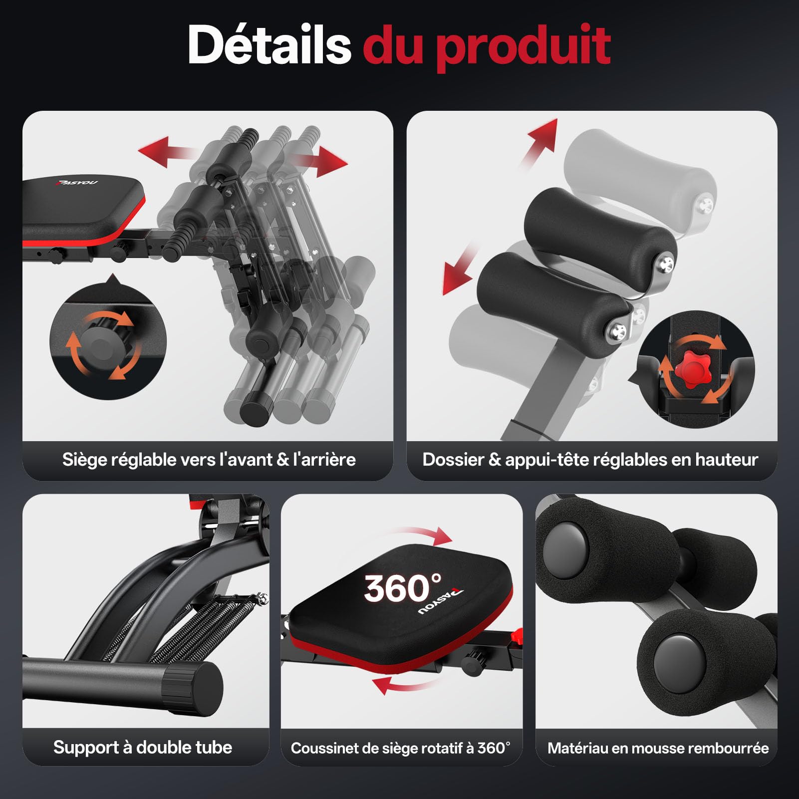 PASYOU Appareil Abdominal avec Bandes Résistantes, Entraîneur Abdominal Pliable Multifonctionnel Réglable, Banc de Musculation 135 kg pour Salle de Sport Maison, Chaise d'Exercice Corps Entier