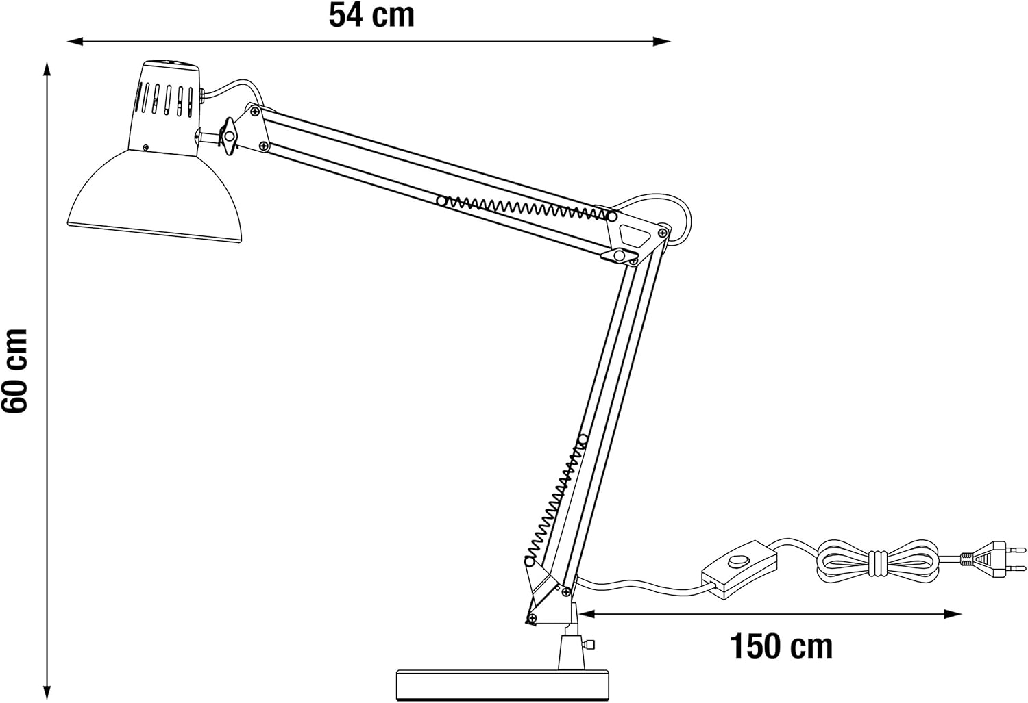 Technical drawing of the INSPIRE ARCHITECTO Desk Lamp with dimensions: 60 cm height, 54 cm arm length, 150 cm cord length.