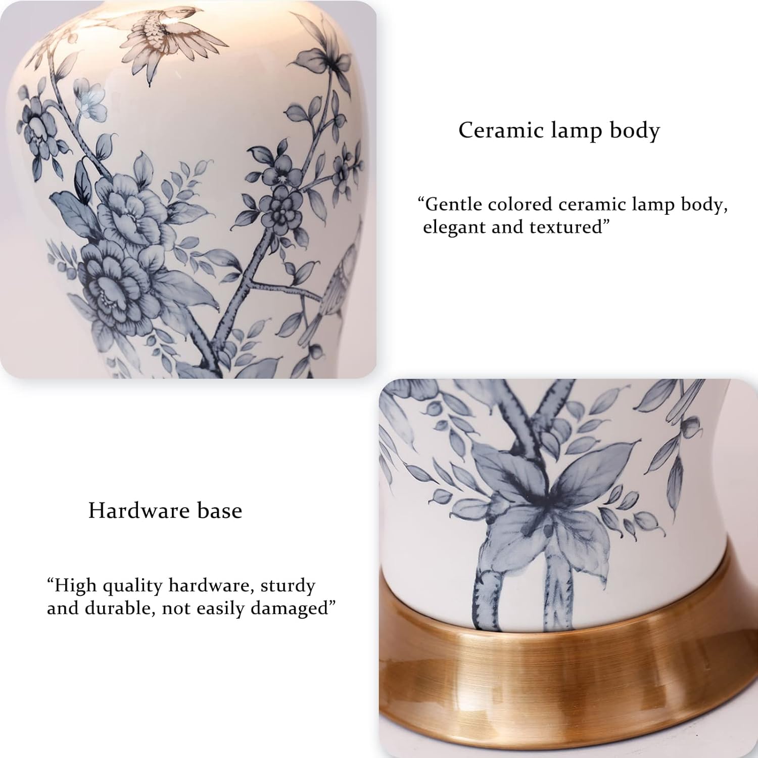 PURESILKS 23.6” White Ceramic Table Lamp Chinoiserie Lamps,Branch Bell Shade with Hand Drawn Flowers and Plants Decor,Classic Cottage Bedside Desk Nightstand Lamp for Bedroom Living Room Office