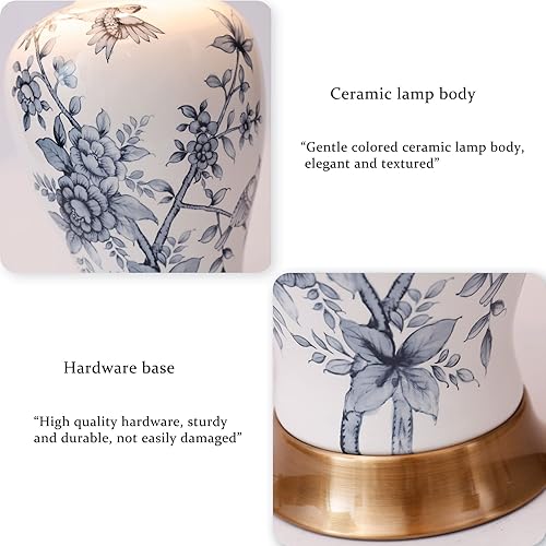 Miniatura 4 de PURESILKS Lámpara de mesa de cerámica blanca de 23.6 pulgadas, pantalla de campana de rama con decoración de flores y plantas dibujadas a mano,