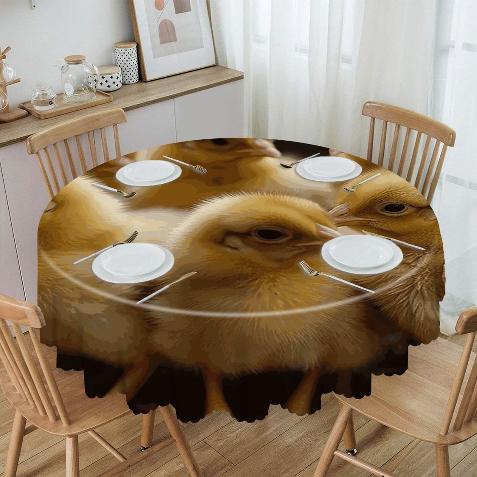 FekiLoot 60 Inch Round Little Chickens Tablecloth Waterproof Heavy Duty Polyester Table Cloth Spill-Proof Wipeable Table Cover Decorative Circle Dining Tablecover for Party Outdoor