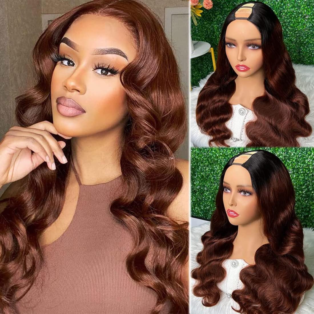 YIROO Hair Ombre Reddish Brown Body Wave U Part Wig Human