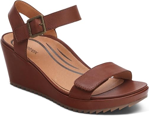 Aetrex Women Andrea Orthopedic Quarter Strap Wedge Sandals Arch Support Sandals Women with Adjustable Hook & Loop Closure, Leather Upper, Comfortable 2.75 Wedge Heels