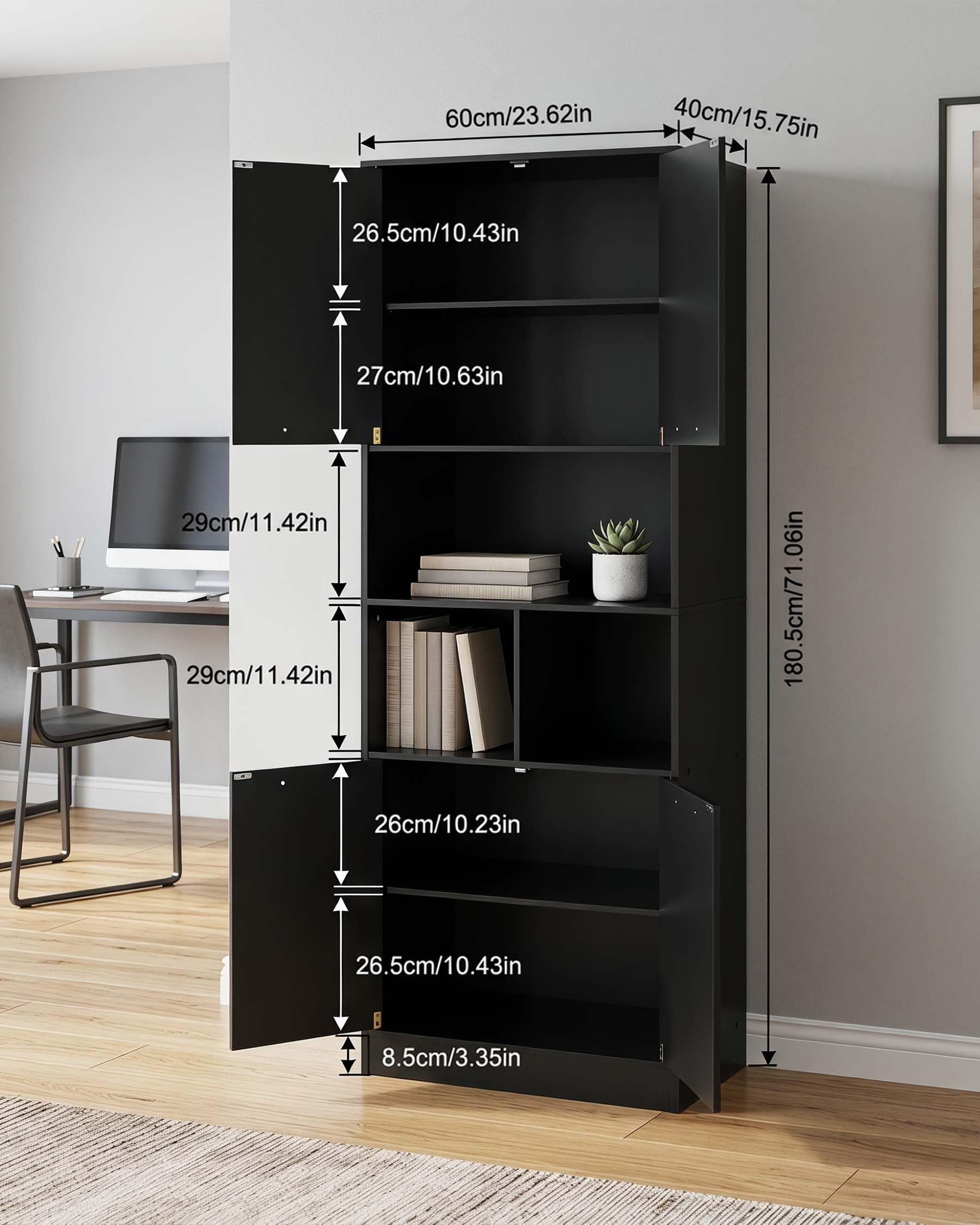 Meuble de Cuisine Colonne 180,5x60x40 cm, Armoire de Rangement Moderne avec Tablettes Ajustables, Meuble Multiuso 4 Portes pour Cuisine et Bureau (Noir)