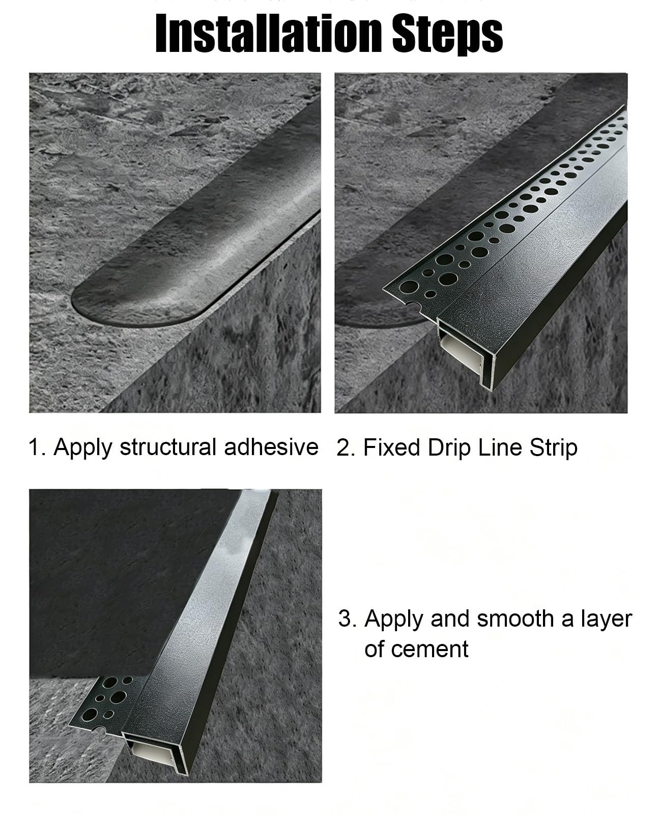 Vierteaguas Muro Desviador de Agua de Lluvia para Exteriores | Perfil de Goteo Metálico de Alta Resistencia para Alféizares, Remates de Cubierta o Muros; Canal de Drenaje(Black,3Pack)
