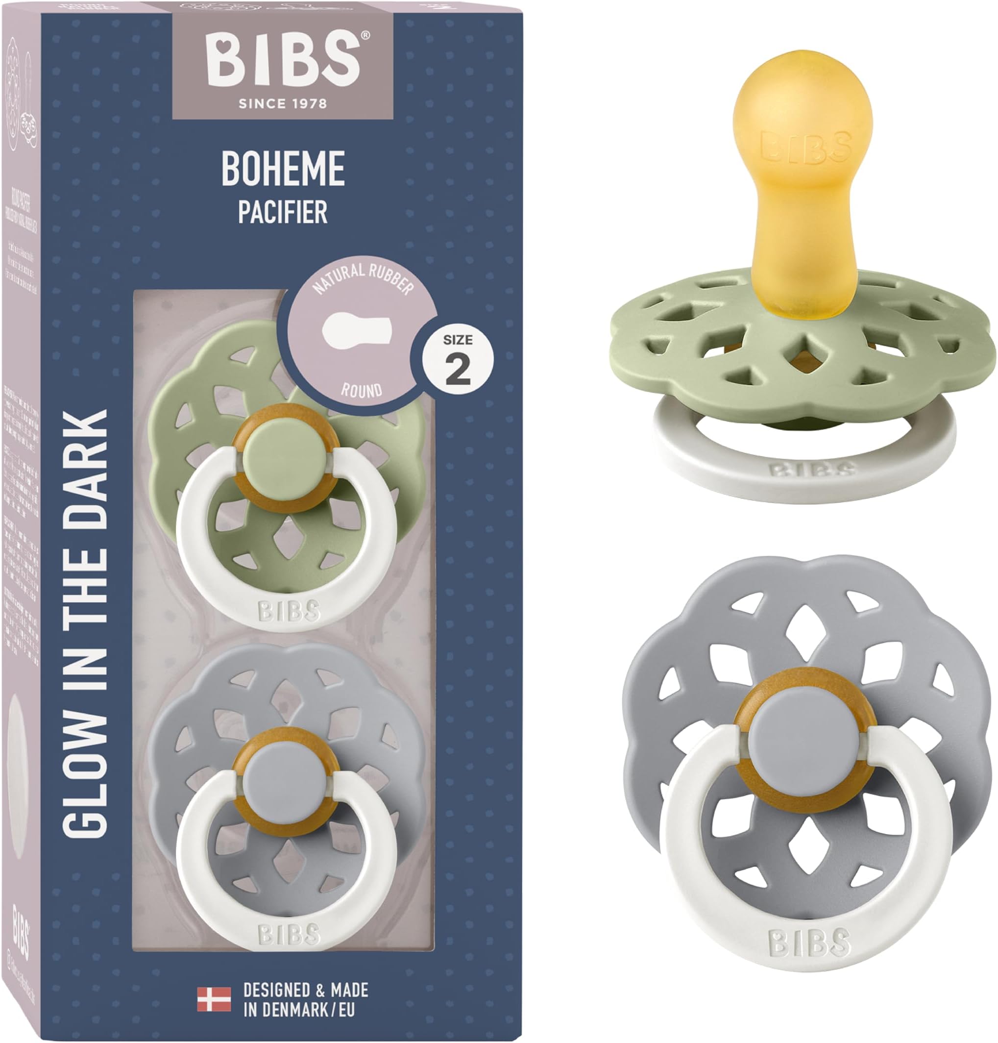 Boheme Glow in The Dark Soother 2-Pack. BPA Free. Round Latex, Size 2 (6-18 Months), Sage Glow/Cloud Glow