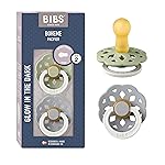 BIBS Boheme Glow in The Dark Soother 2-Pack. BPA Free. Round Latex, Size 2 (6-18 Months), Sage Glow/Cloud Glow